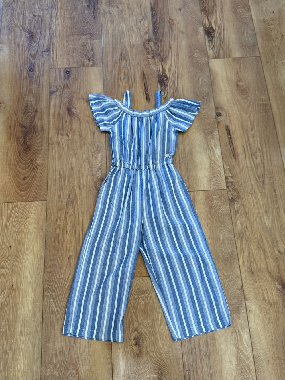 Striped Blue & White Off-Shoulder Jumpsuit with Pockets